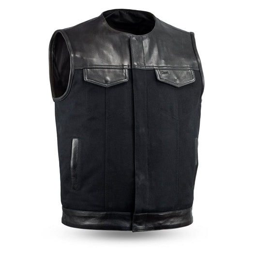 Tressivo-49/51 - No Collar Men's Leather/Canvas Motorcycle Vest - Tressivo