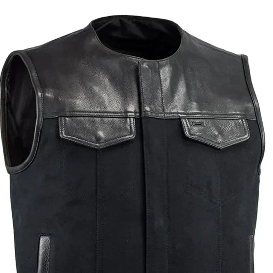Tressivo-49/51 - No Collar Men's Leather/Canvas Motorcycle Vest - Tressivo