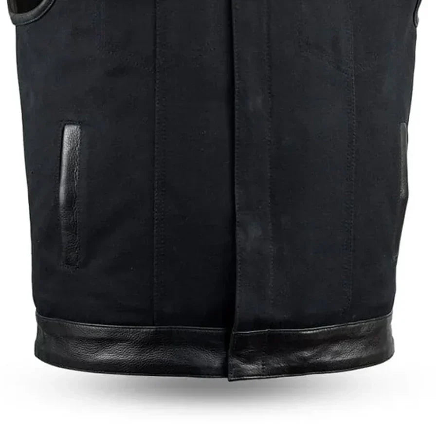 Tressivo-49/51 - No Collar Men's Leather/Canvas Motorcycle Vest - Tressivo