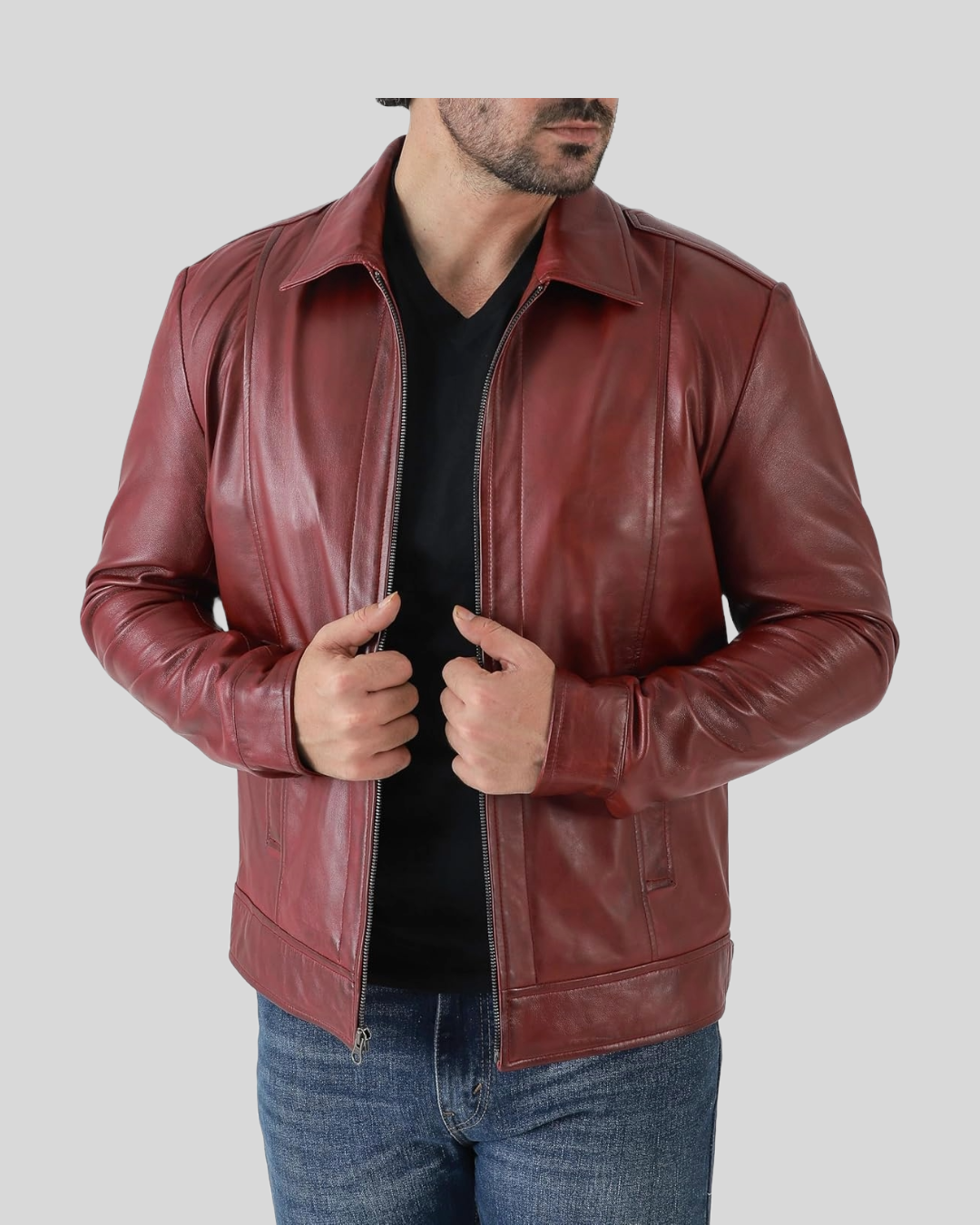 Classic Shirt Collar Leather Jacket Men - By Tressivo
