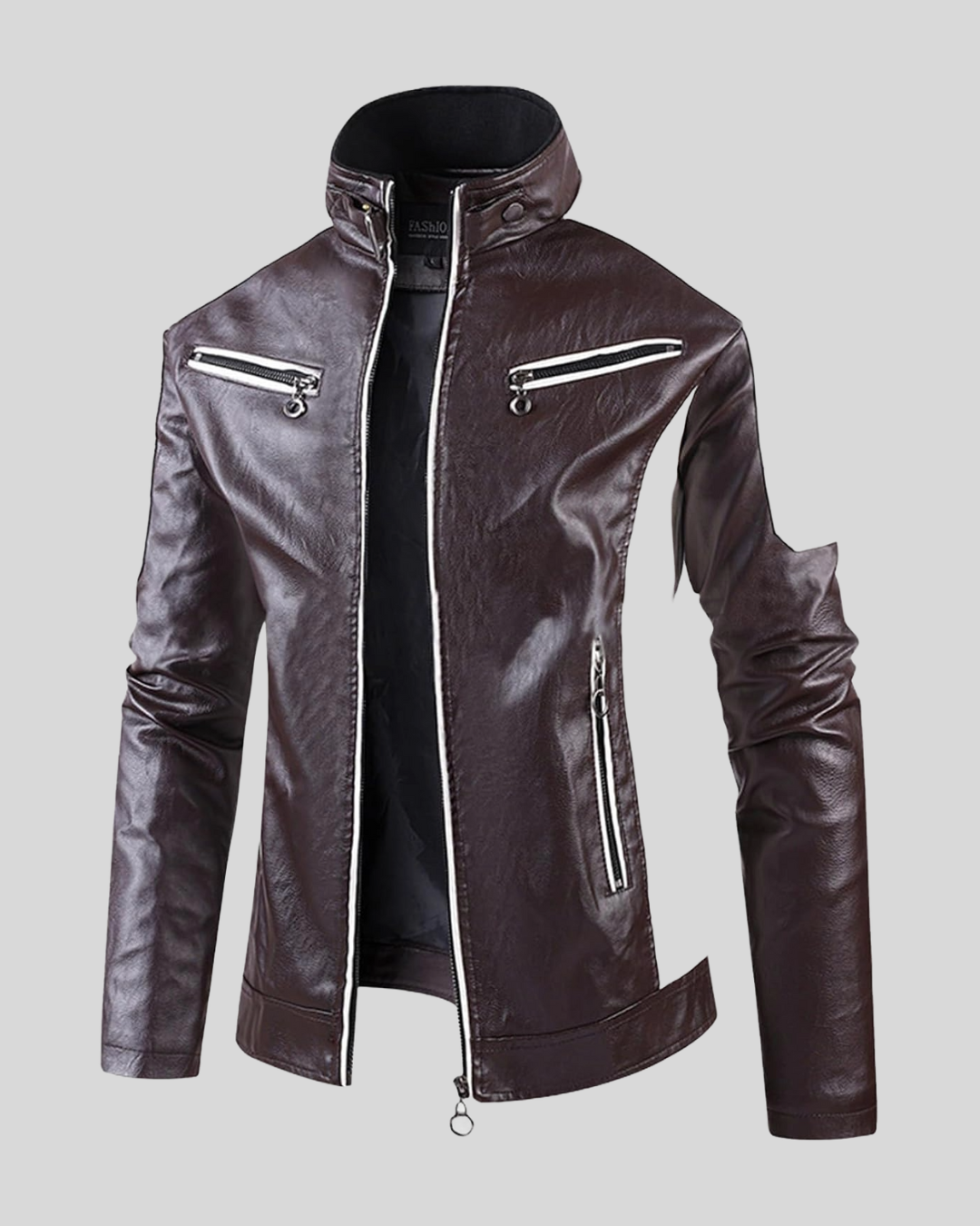Men's Stand Collar Leather Jacket - By Tressivo