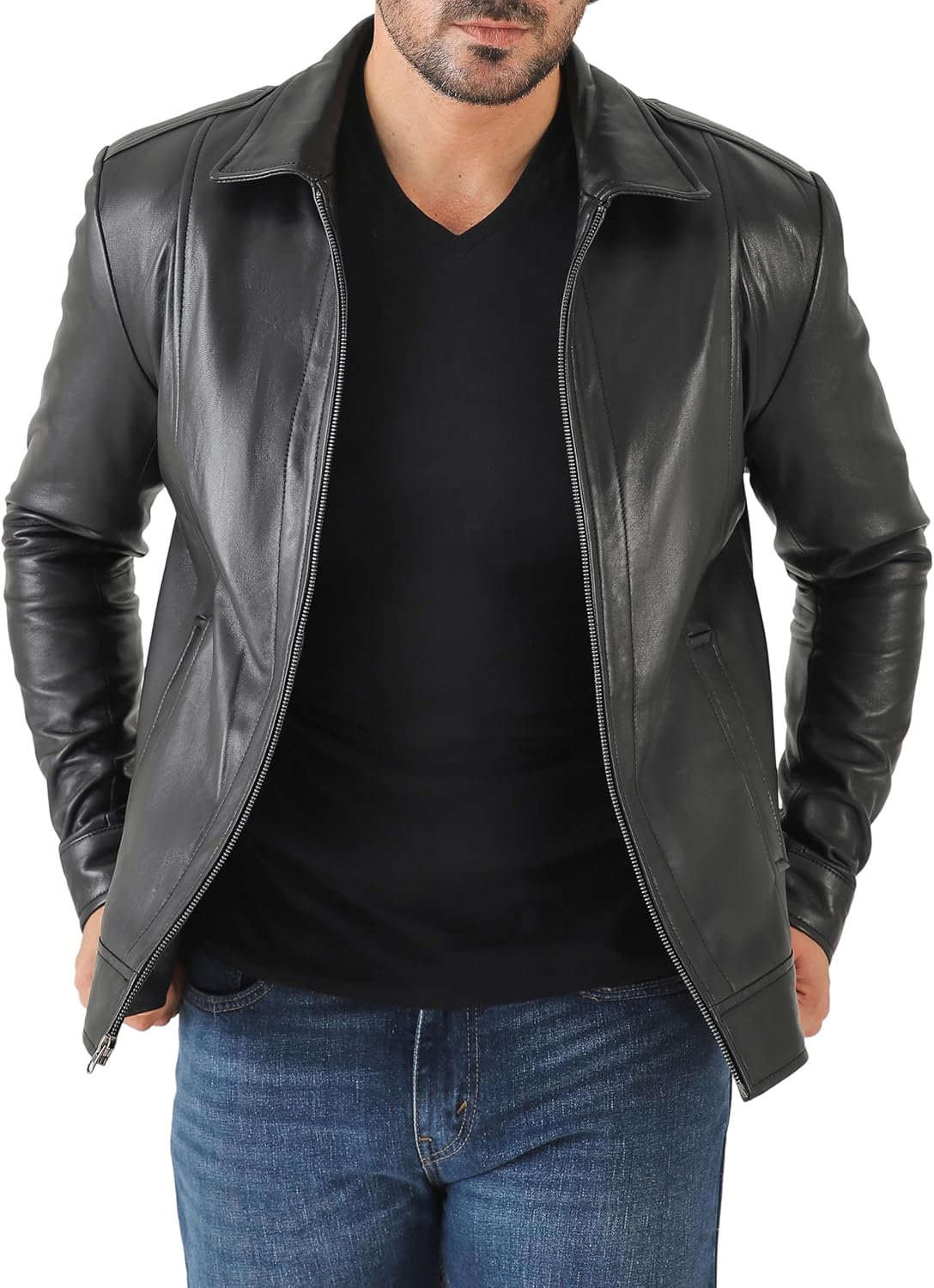 Classic Shirt Collar Leather Jacket Men - By Tressivo