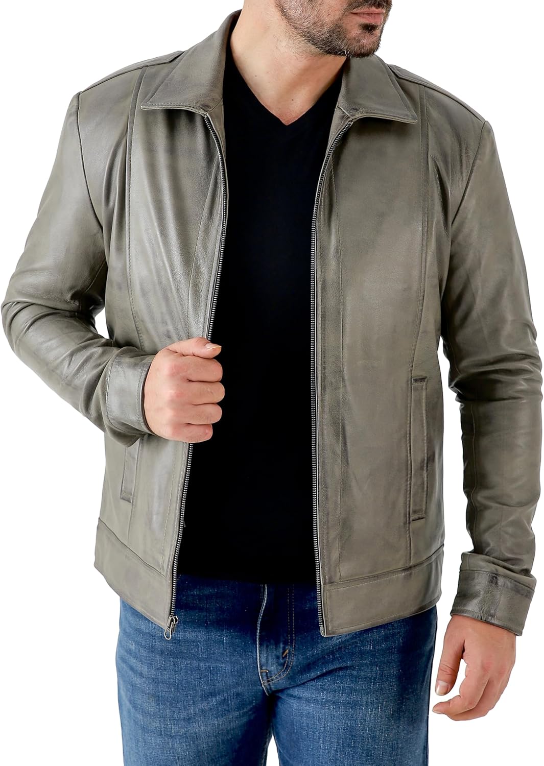 Classic Shirt Collar Leather Jacket Men - By Tressivo
