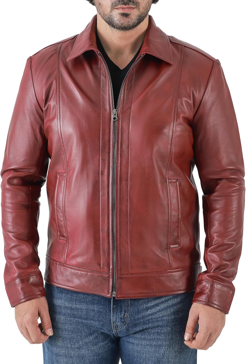 Classic Shirt Collar Leather Jacket Men - By Tressivo