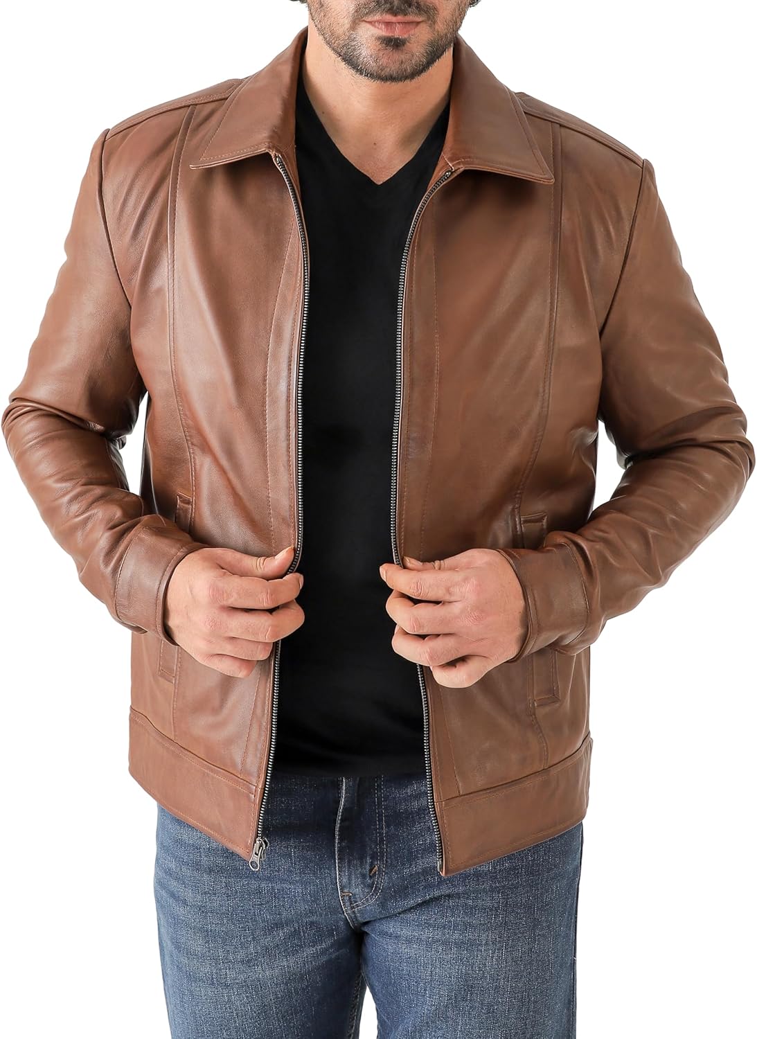 Classic Shirt Collar Leather Jacket Men - By Tressivo