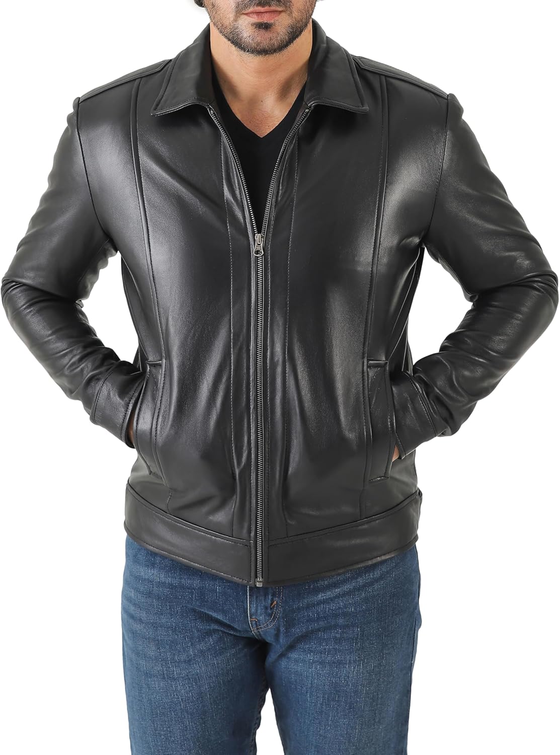 Classic Shirt Collar Leather Jacket Men - By Tressivo
