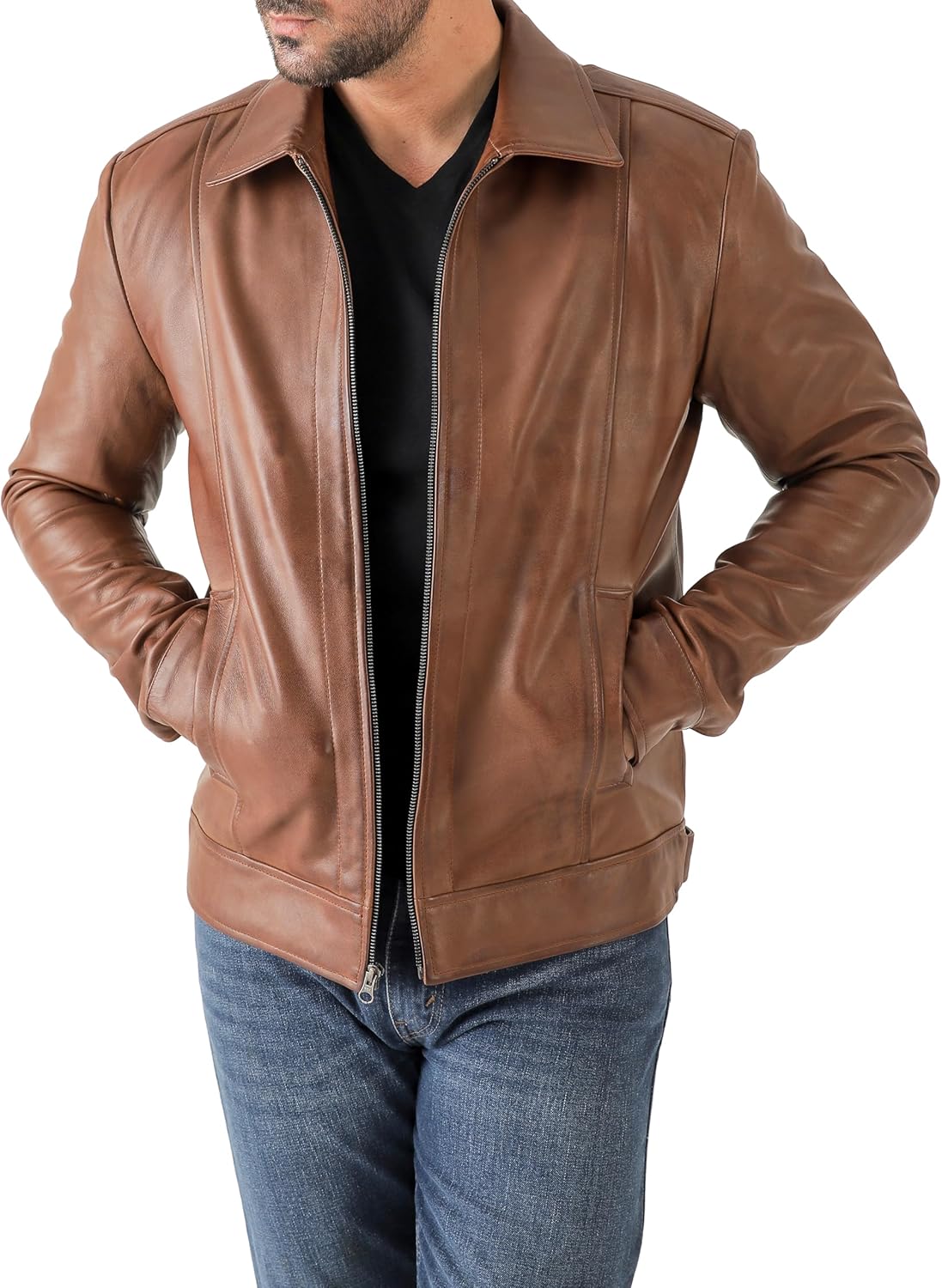 Classic Shirt Collar Leather Jacket Men - By Tressivo