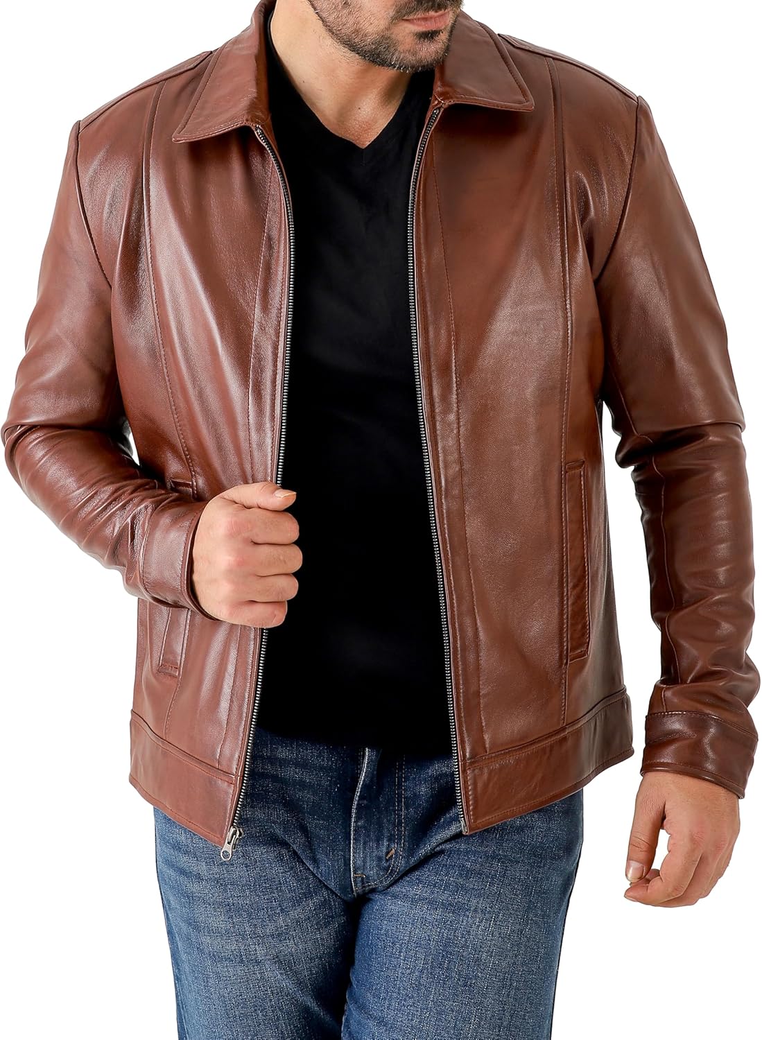 Classic Shirt Collar Leather Jacket Men - By Tressivo