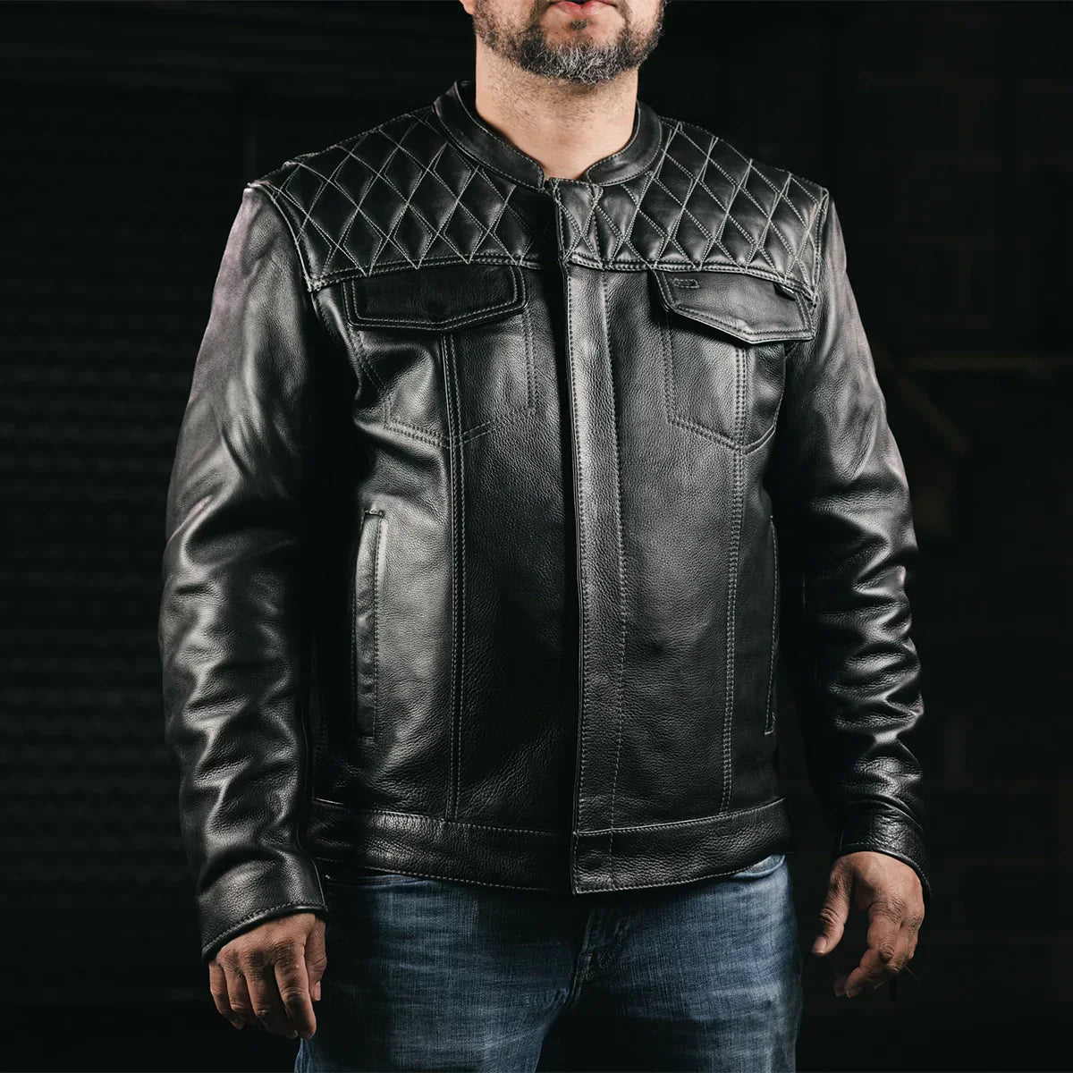 Tressivo-Cinder Men's Cafe Style Leather Jacket - Tressivo