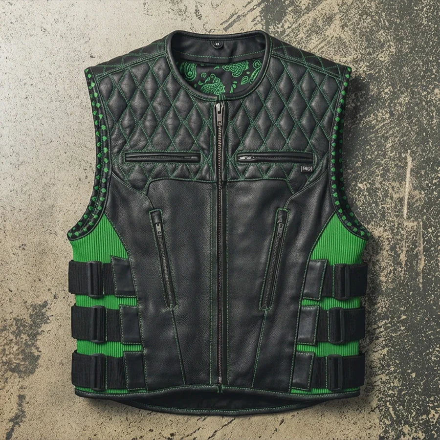 Tressivo-Tactical Emerald Men’s Motorcycle Leather Vest - Tressivo