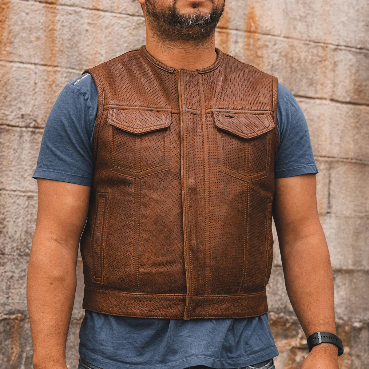 Tressivo-Lowside Men's Perforated Motorcycle Leather Vest - Tressivo