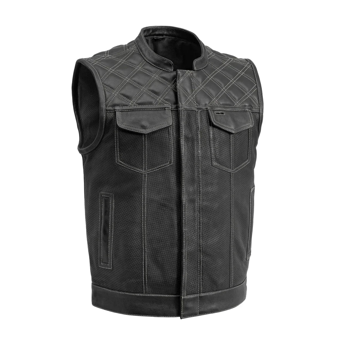 Tressivo-Downside Perforated Men's Motorcycle Leather Vest - Tressivo