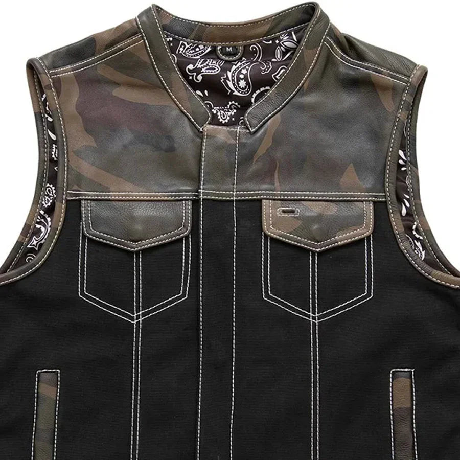Tressivo-Infantry Motorcycle Leather Canvas Vest - Tressivo