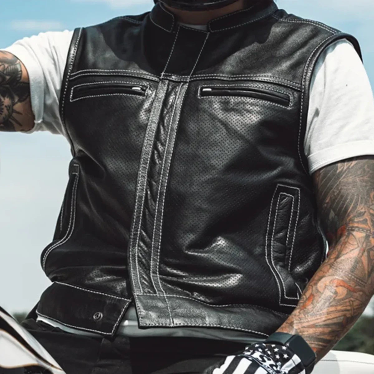 Tressivo-Sharp Shooter Perforated Men's Motorcycle Leather Vest - Tressivo